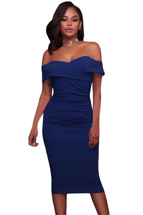 Royal Blue Ruched Off Shoulder Bodycon Midi Dress 2017 Modest Pleated ...