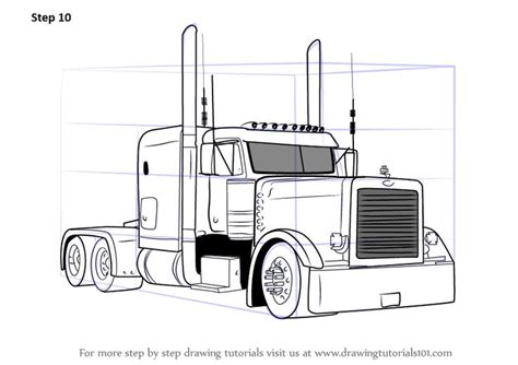 a black and white drawing of a semi truck