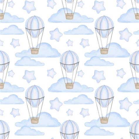 Premium Vector | Newborn baby boy blue clouds and air balloon ...