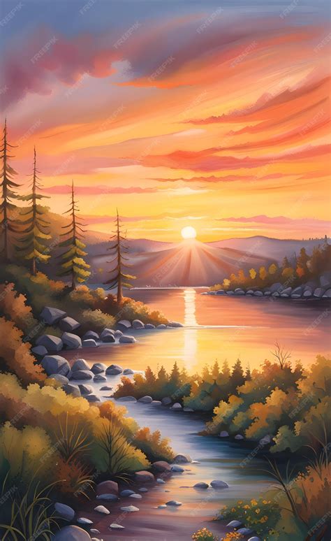 Premium AI Image | Sunset over lake painting illustration