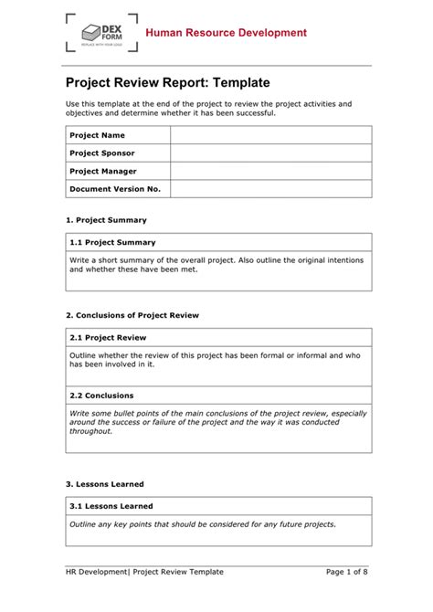 Project review report template in Word and Pdf formats