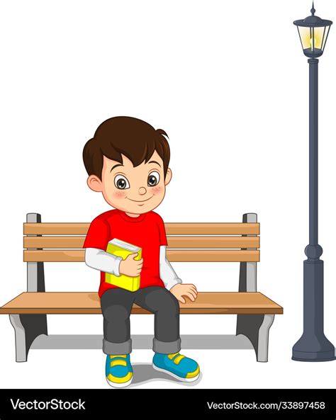 Cartoon happy boy sitting on bench Royalty Free Vector Image