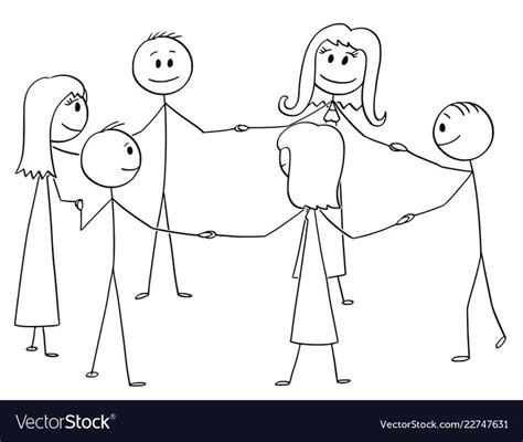 Cartoon stick drawing conceptual illustration of group of six people ...