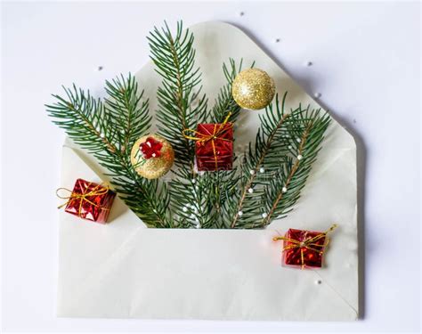 Christmas Tree And Decoration In White Envelope Stock Image - Image of ...