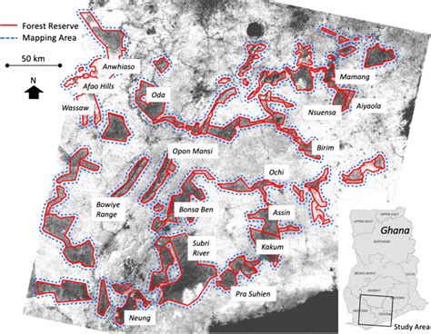 Study area map showing forest reserves (outlined in red) and the ...