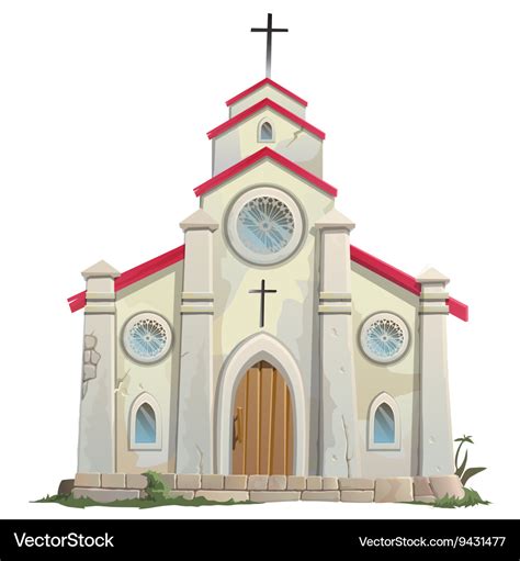 Old stone catholic church in cartoon style Vector Image