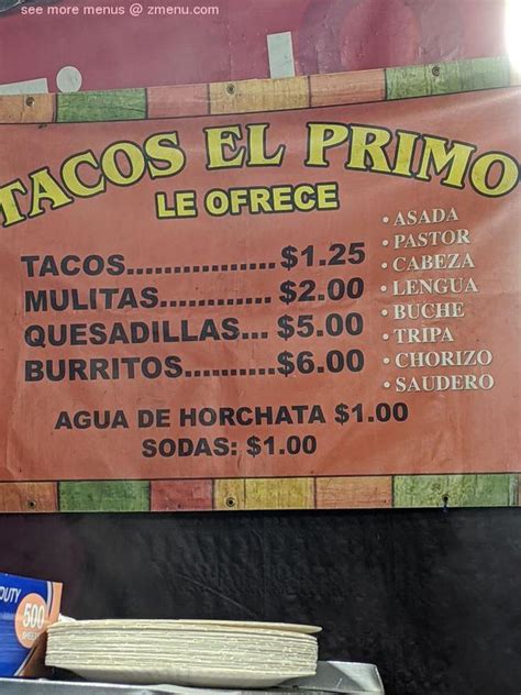 Online Menu of Tacos El Primo Restaurant, Los Angeles, California ...