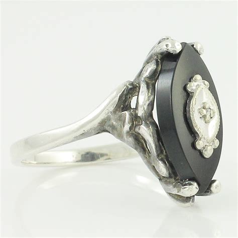 Silver Onyx Ring - Vintage Sterling Marquise Black Onyx and Diamond ...