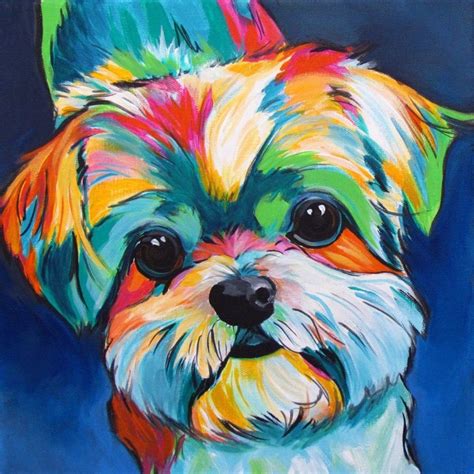 a painting of a small dog with multicolored fur on it's face