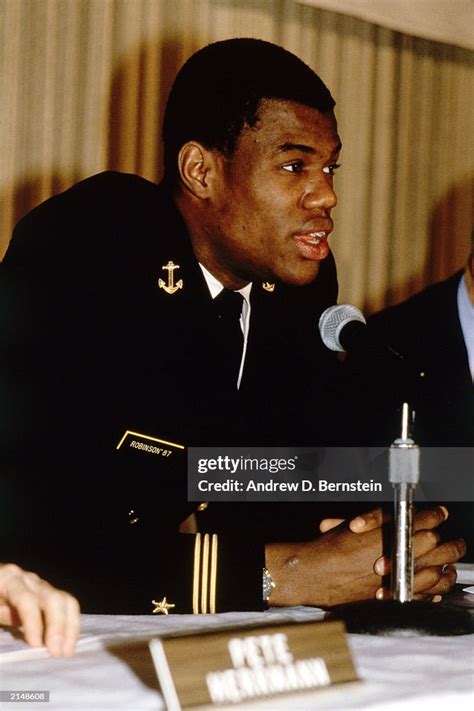 David Robinson sits dressed in his Navy uniform circa 1986 at a press ...