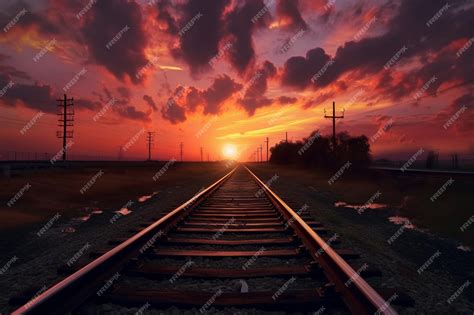 Premium AI Image | A sunset with a train track and the sun setting ...