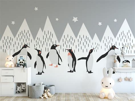 Lovely Snow Mountains With Penguins Nursery Wallpaper Wall - Etsy ...