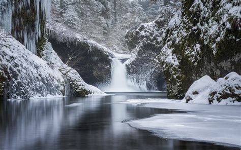 nature, Landscape, Forest, Mountain, Waterfall, River, Snow, Winter ...