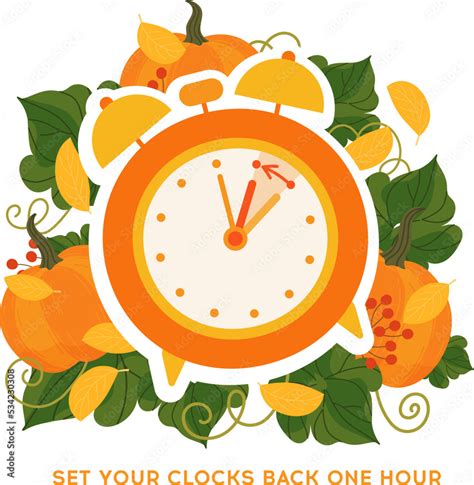 Fall back time concept banner. Clock on the fall background with ...