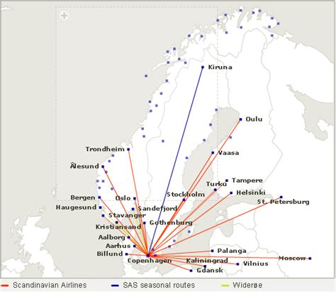 SAS Scandinavian Airlines route map - Nordic countries from Copenhagen