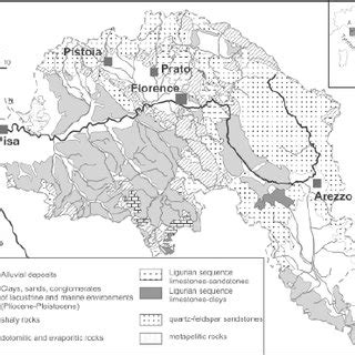 Map showing the Arno river catchment and its major tributaries, the ...