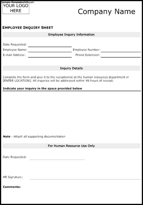 Employee Inquiry Sheet Template - Sample Templates - Sample Templates