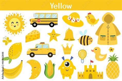 Yellow color objects set. Learning colors for kids. Cute elements ...