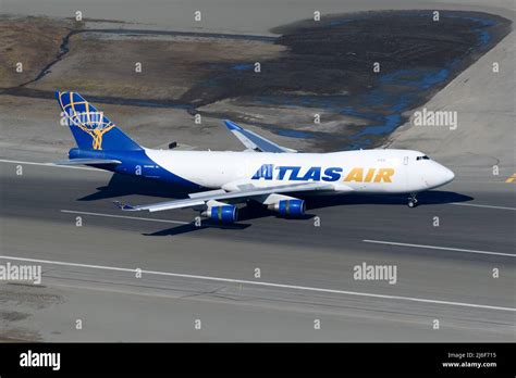 Atlas Air Cargo Boeing 747 freighter landing at Anchorage Airport. 747F ...