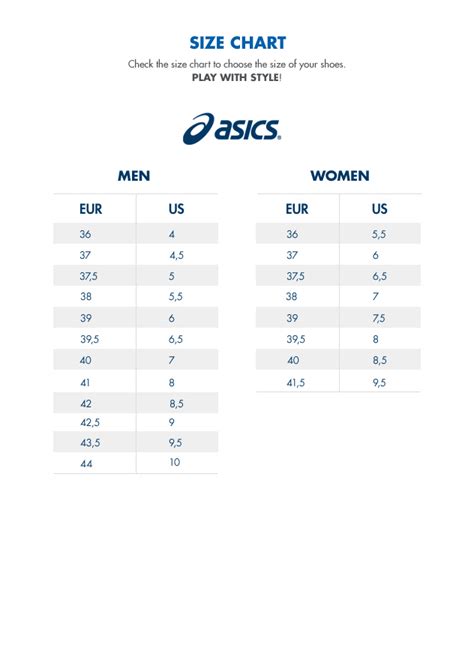 Size chart shoes Asics | AW LAB