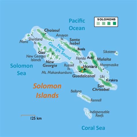 Large physical map of Solomon Islands with all cities and airports ...