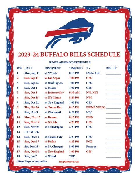 Printable 2023-2024 Buffalo Bills Schedule