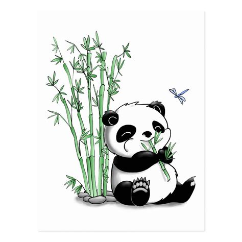 Panda Eating Bamboo Postcard | Zazzle | Cartoon drawings, Cute panda ...