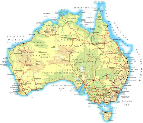 Large physical map of Australia with roads and cities | Vidiani.com ...