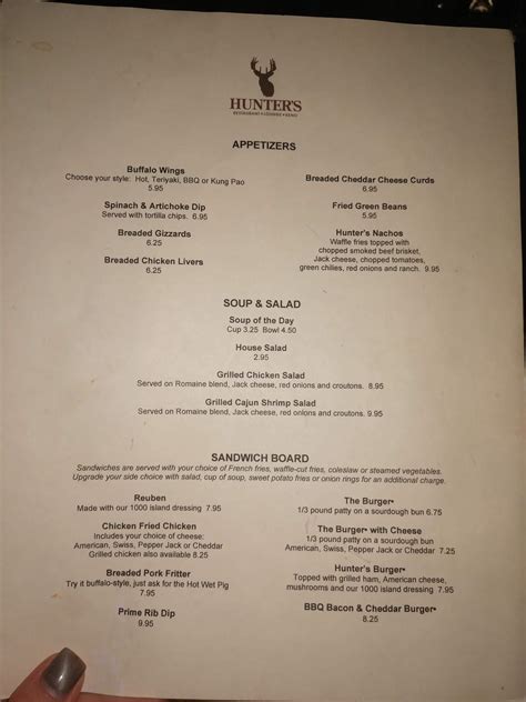 Menu at Hunter's Restaurant & Lounge, Waco