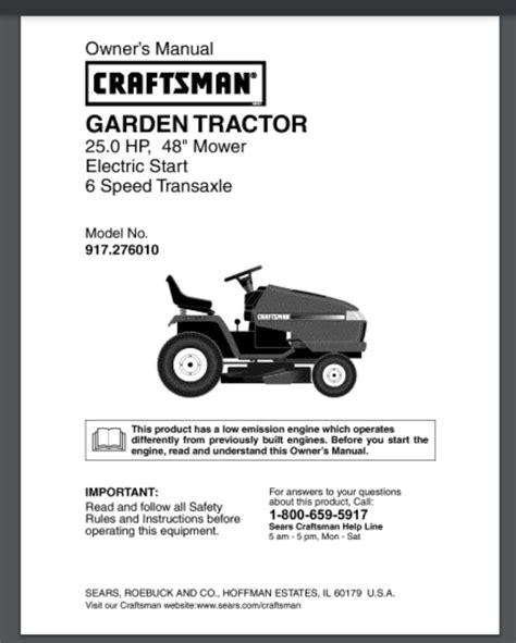 Sears Craftsman 25 48 6-sp GT5000 Tractor Owner Parts Manual 917.276010 ...