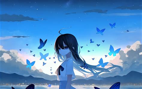 Sad girl Wallpaper 4K, Anime girl, Mood, Butterflies