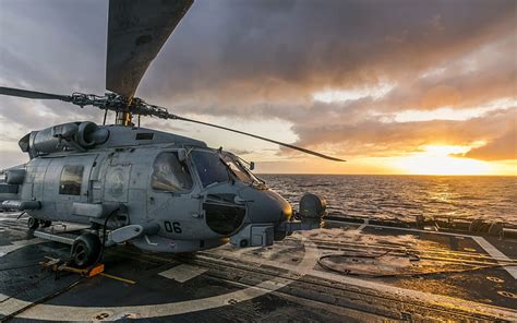 Sikorsky SH-60 Seahawk, MH-60R, deck of a warship, sunset, seascape, US ...