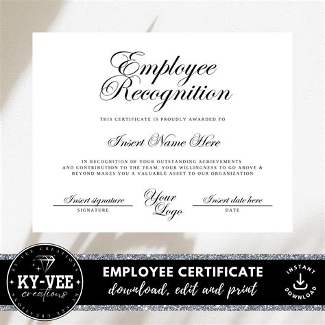 Employee Recognition Certificate Template, INSTANT DOWNLOAD, Printable ...