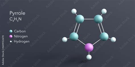 pyrrole molecule 3d rendering, flat molecular structure with chemical ...