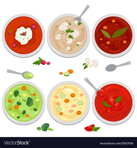 Bowls different types soup Royalty Free Vector Image