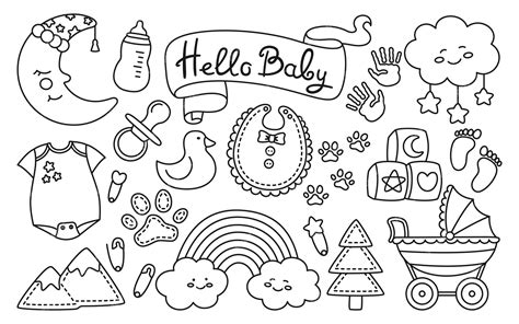 Bébé nouveau-né pépinière objets linéaire doodle ensemble anniversaire ...