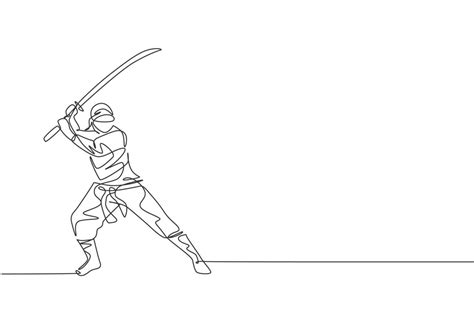 One single line drawing of young energetic Japanese traditional ninja ...