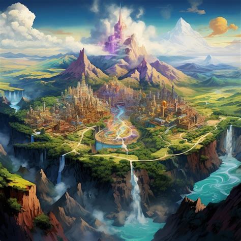 Premium Photo | Painting of a fantasy city surrounded by mountains and ...