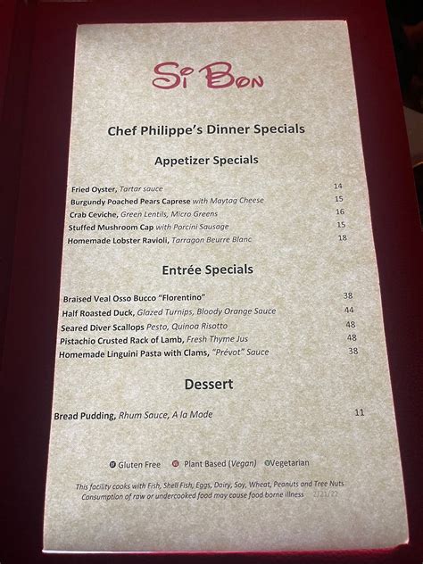 Menu at Si Bon pub & bar, Rancho Mirage