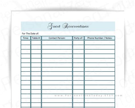 Printable Reservation Sheet Restaurant Guest List PDF for DIY - Etsy Canada