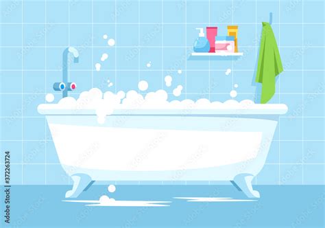 Blue bathroom semi flat vector illustration. Bath tub with bubbles ...