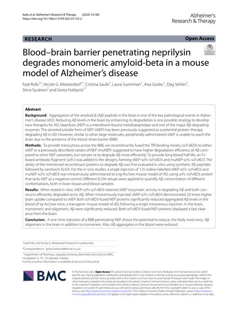 (PDF) Blood–brain barrier penetrating neprilysin degrades monomeric ...