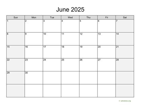 June 2025 Calendar with Weekend Shaded | WikiDates.org