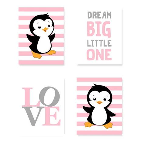 Penguin Nursery Art Baby Pink Grey Dream Big Little One LOVE Set of 4 ...