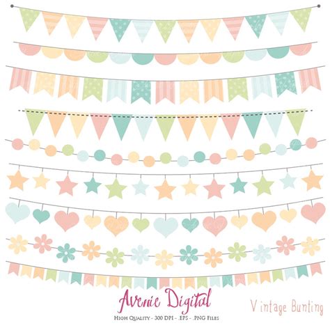 Vintage Bunting Banner Clipart. Scrapbook Printable, Pastel Vector .eps ...