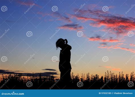 Sad Girl on Sunset Background, Silhouette. Stock Image - Image of ...