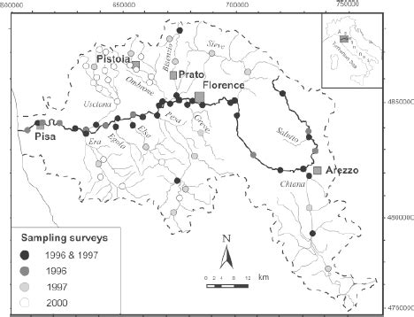 Map showing the Arno river catchment and its major tributaries, the ...