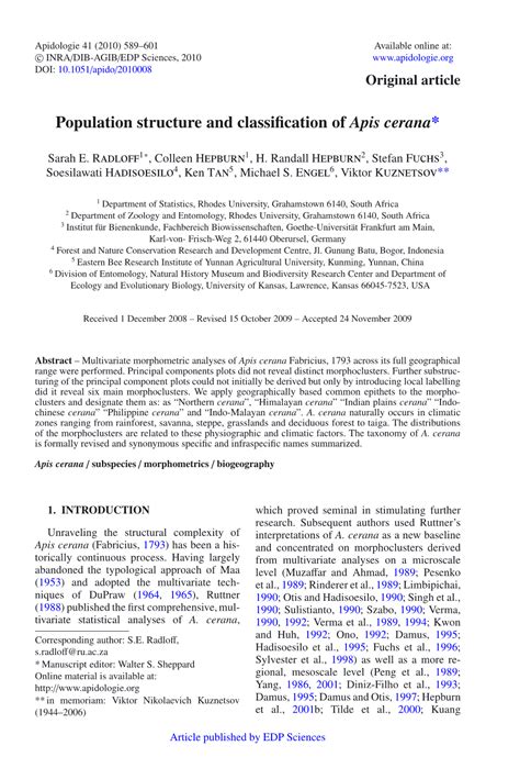 Population Structure and Classification of Apis Cerana - DocsLib