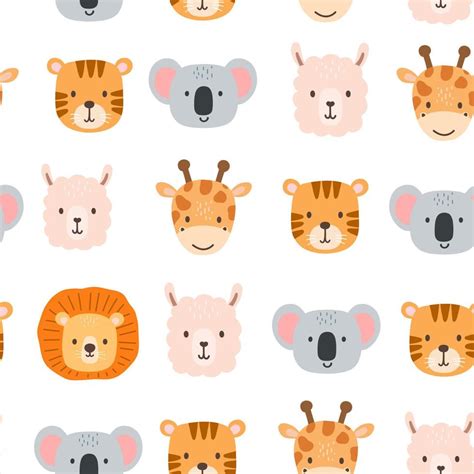 Seamless pattern with cute portrait animals head in cartoon style ...