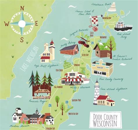 Illustrated Map of Door County, Wisconsin, USA | Illustrated map, Door ...